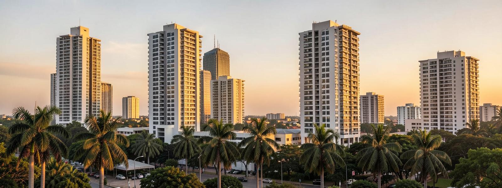 Residential towers on the Accra skyline at golden hour