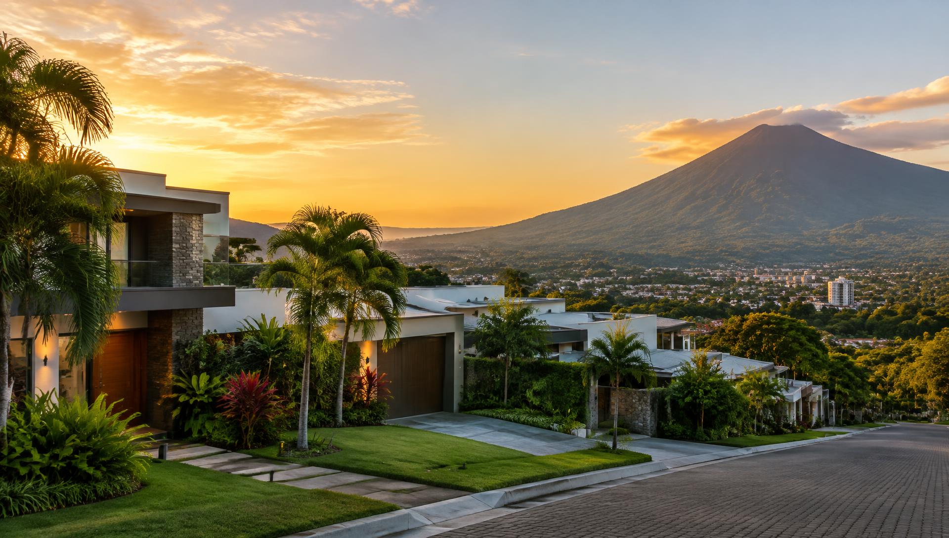 Modern residential neighborhood in San Salvador with the San Salvador volcano at sunset