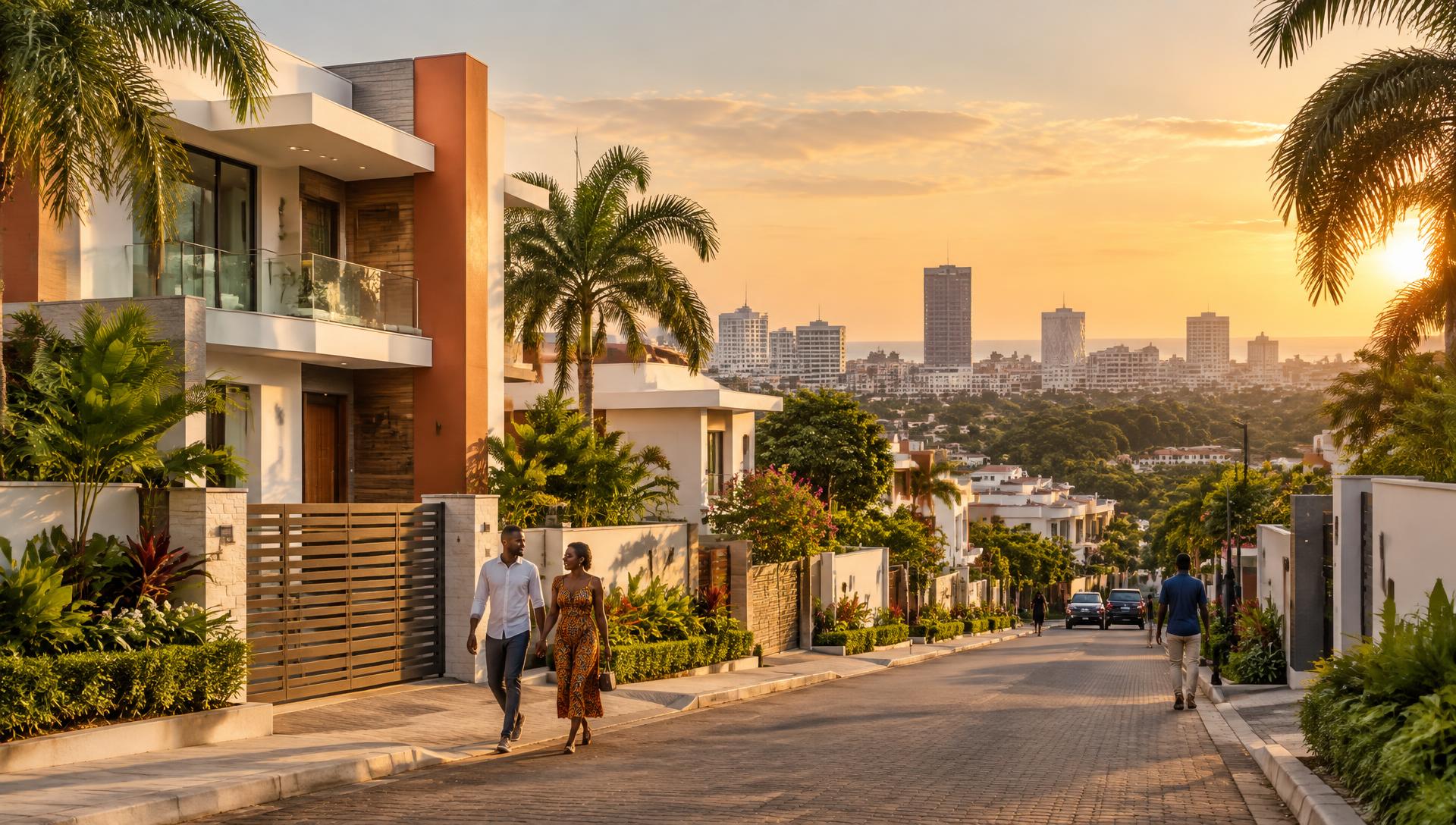 Modern residential neighborhood in Accra, Ghana at sunset