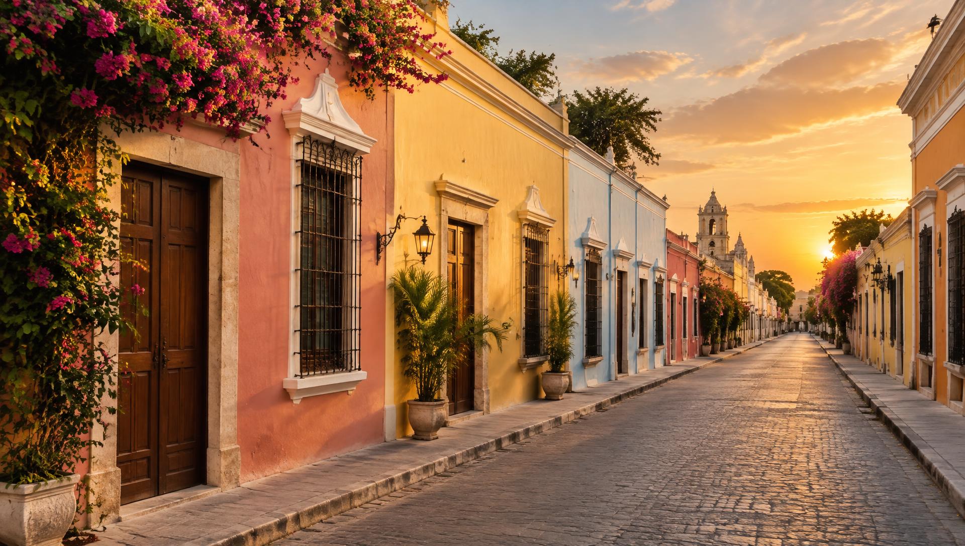 Colorful colonial residential street in Mérida, Mexico at sunset