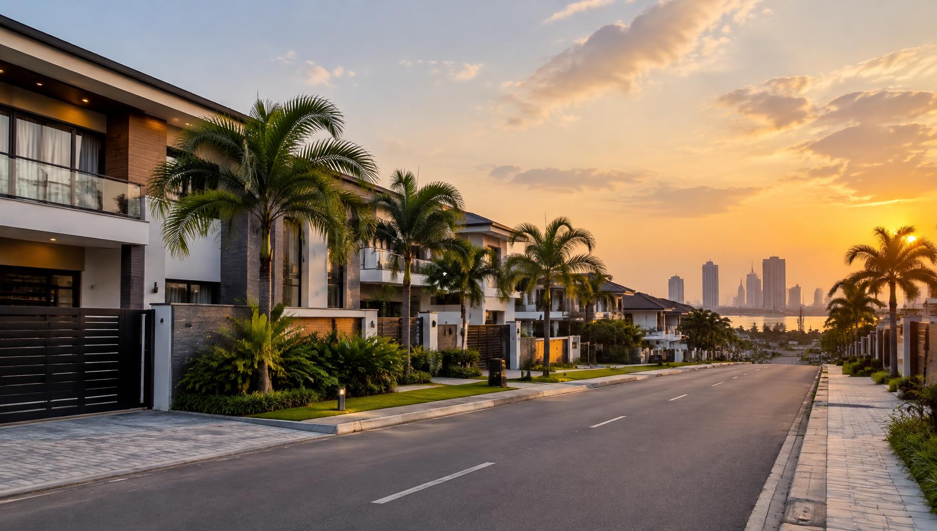 Modern residential street in Lekki, Lagos at sunset