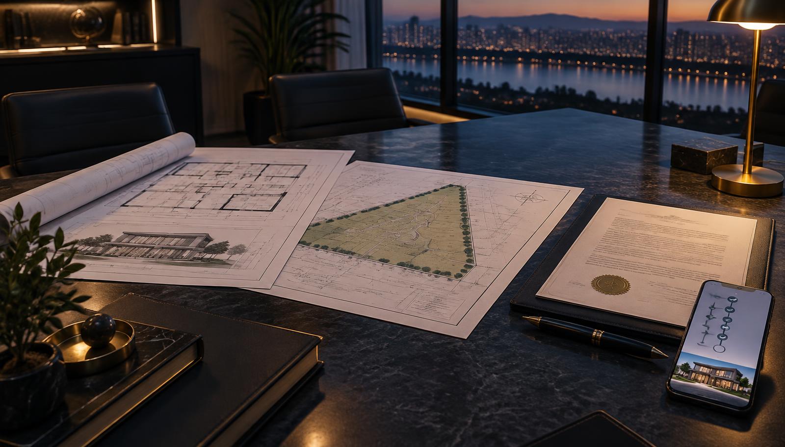 Site plans, a land survey map, a sealed legal agreement and a milestone tracker laid out on a desk at dusk